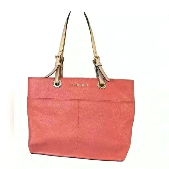 Michael Kors BEDFORD ITEM JET SET ZIP POCKET TOTE Coral & Tan - Picture 1 of 10
